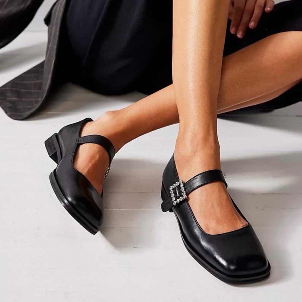 Free People Black Leather Mary Jane Flats with Rhinestone Buckle